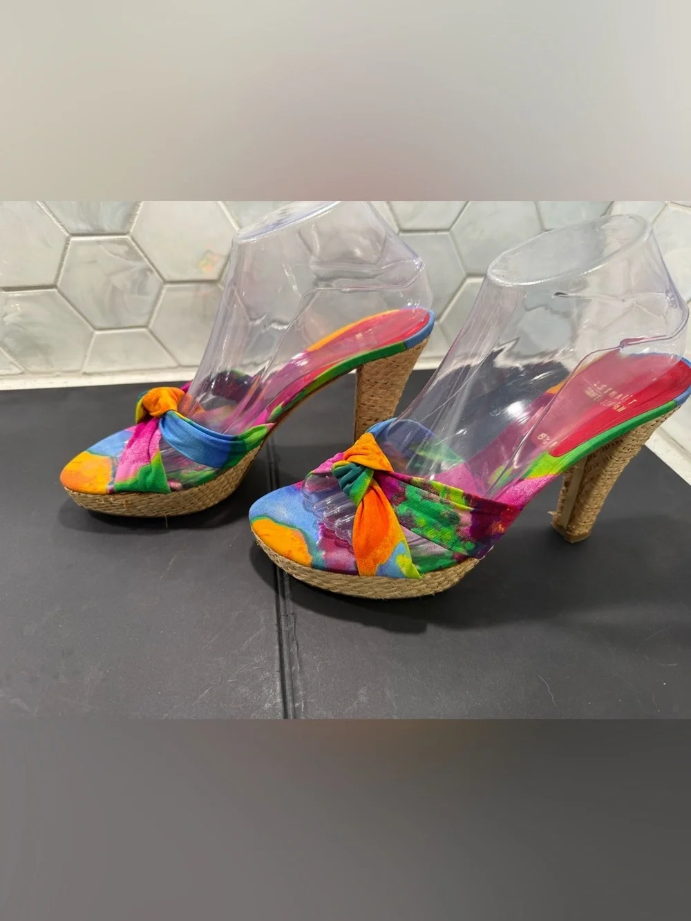 Stuart Weitzman RARE Not So Tropical Watercolor Knot Jute Platform Sandal Sz 8.5